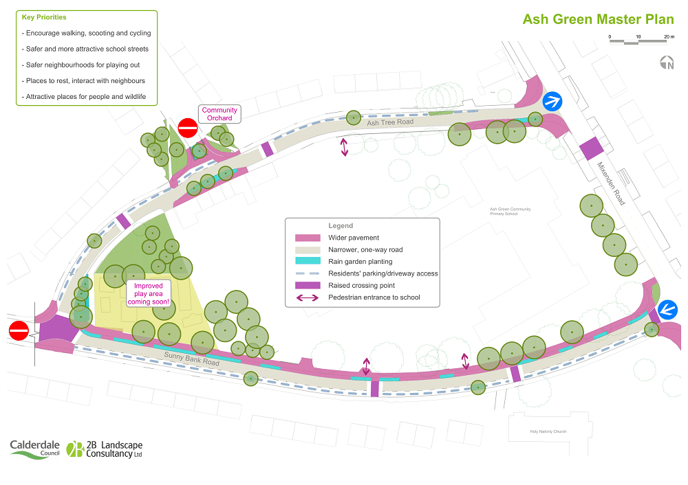Plan of the area between Ash Tree Road and Sunny Bank Road depicting a one-way route, raised crossings, rain garden planting and the location of the new play area. 